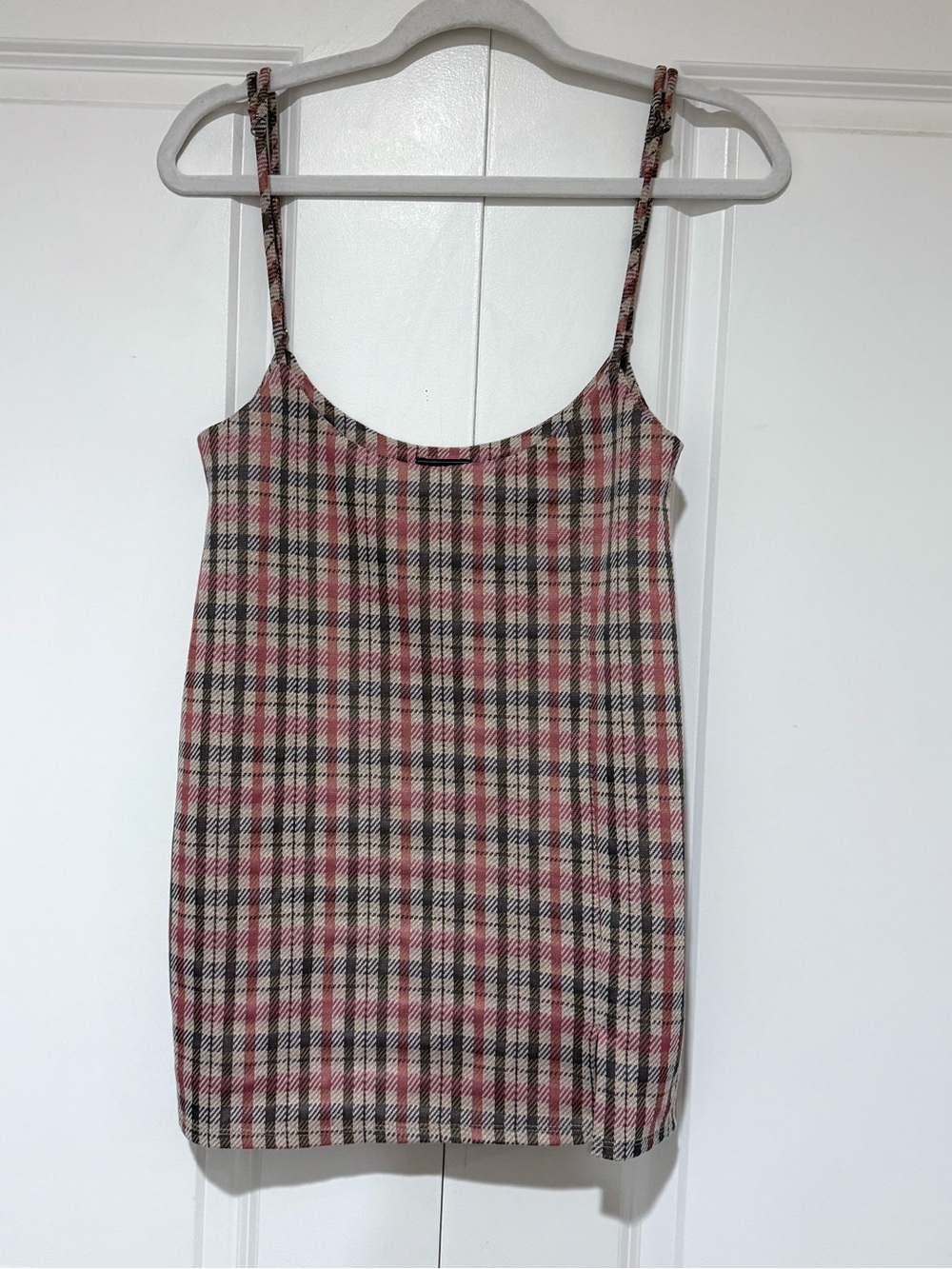 Lovely Day Plaid Spaghetti Strap Tank in Pink, Tan & Gray